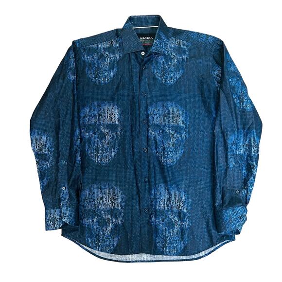Maceeo Skull Print Button Down Dress Shirt Navy Blue Long Sleeve Small OOAK - Picture 2 of 9